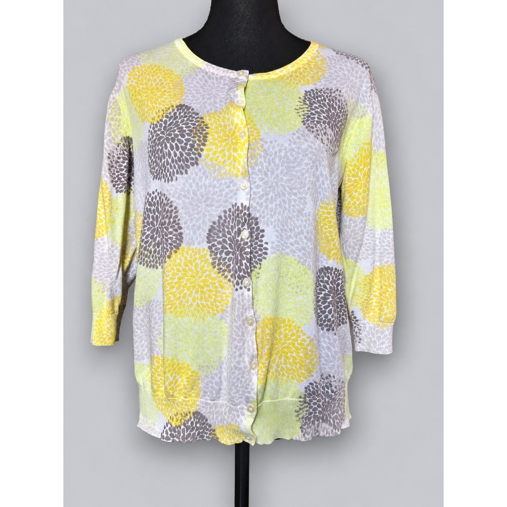 Old Navy Cardigan Women XXL Yellow Grey Excellent 3/4 Sleeve Floral Cotton